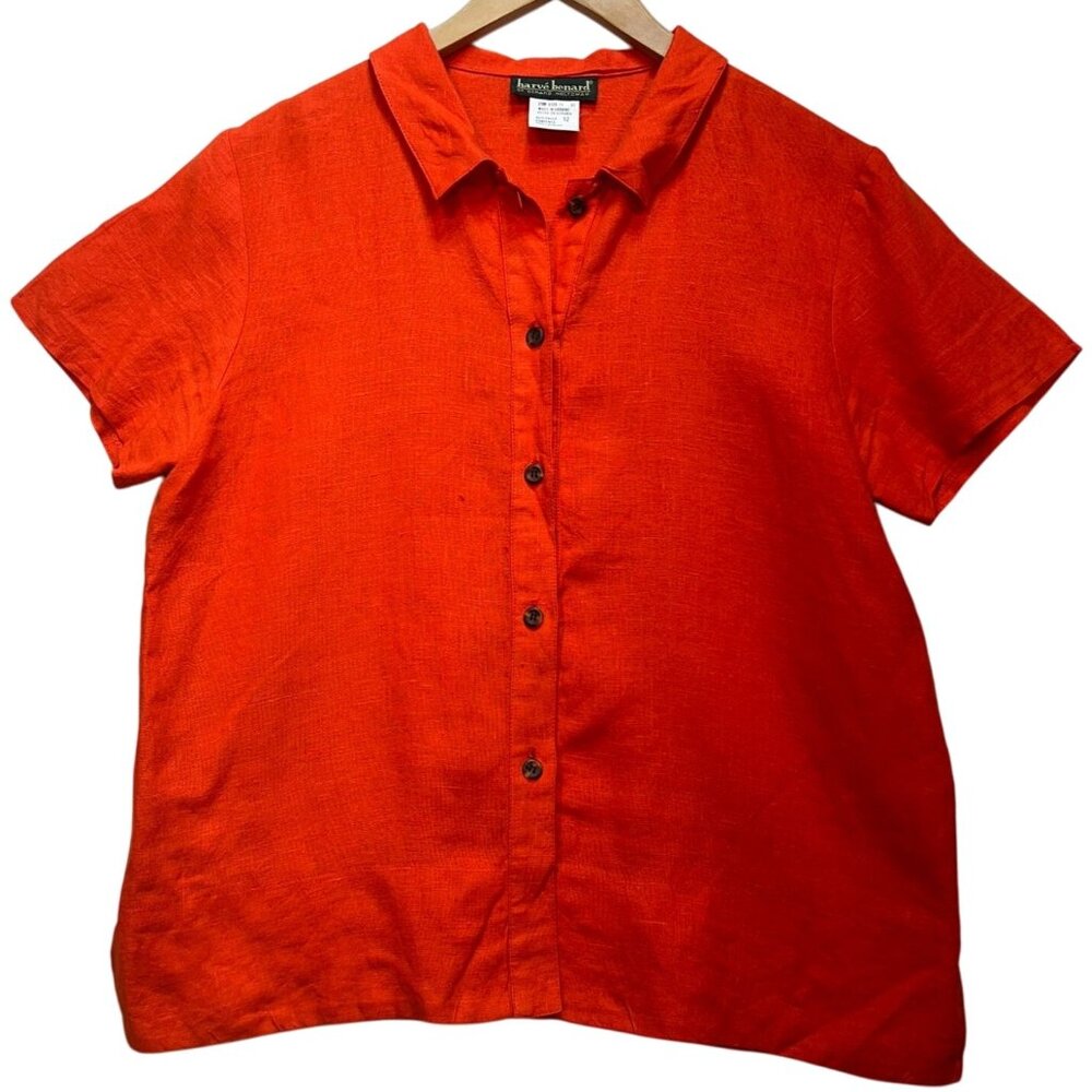 Harvé Benard Women's Linen Button Up Shirt Summer Size 12 Orange Short Sleeve